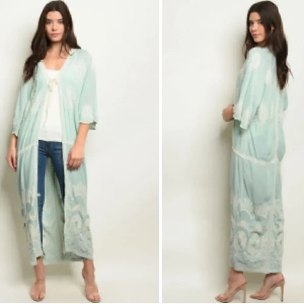 Long Sage kimono long sleeve tie front embroidery